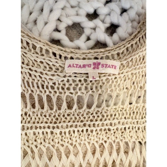 Altar'd State Cream Crochet Knit Fringe Vest Boho Open Front Longline - Picture 3 of 3